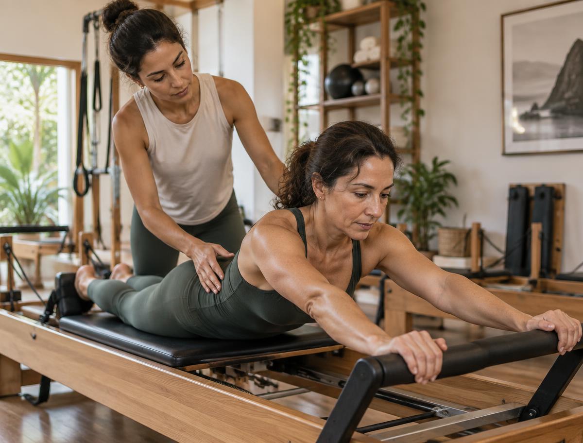 Profissional orienta exercício de Pilates no reformer